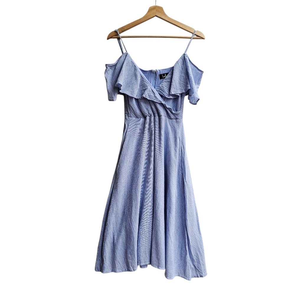 Lulus Yacht Rock Blue Striped Off Shoulder Ruffle Dress Midi Size Small
